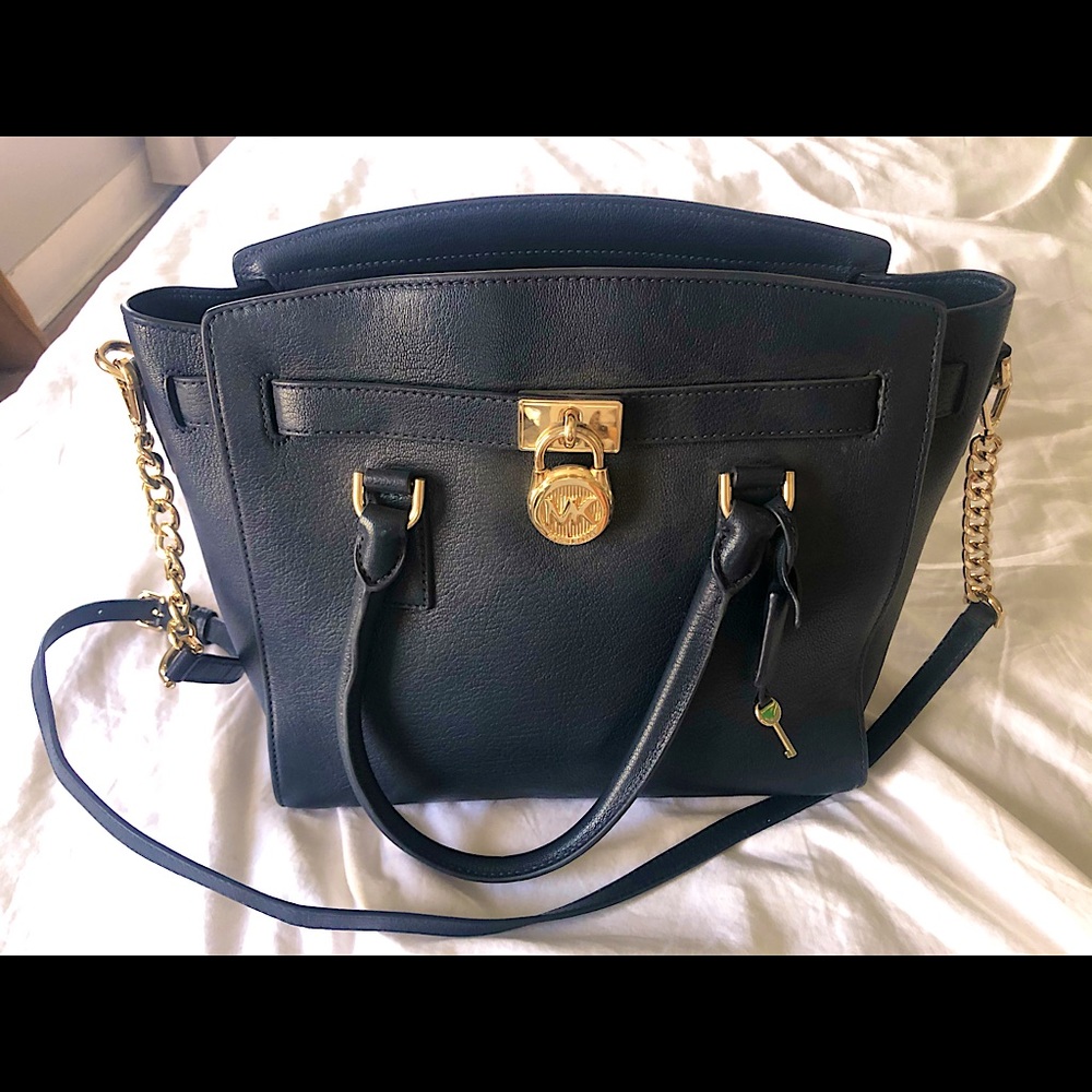 Michael Michael Kors Navy Blue Gold Hamilton Saffiano Leather Medium Satchel